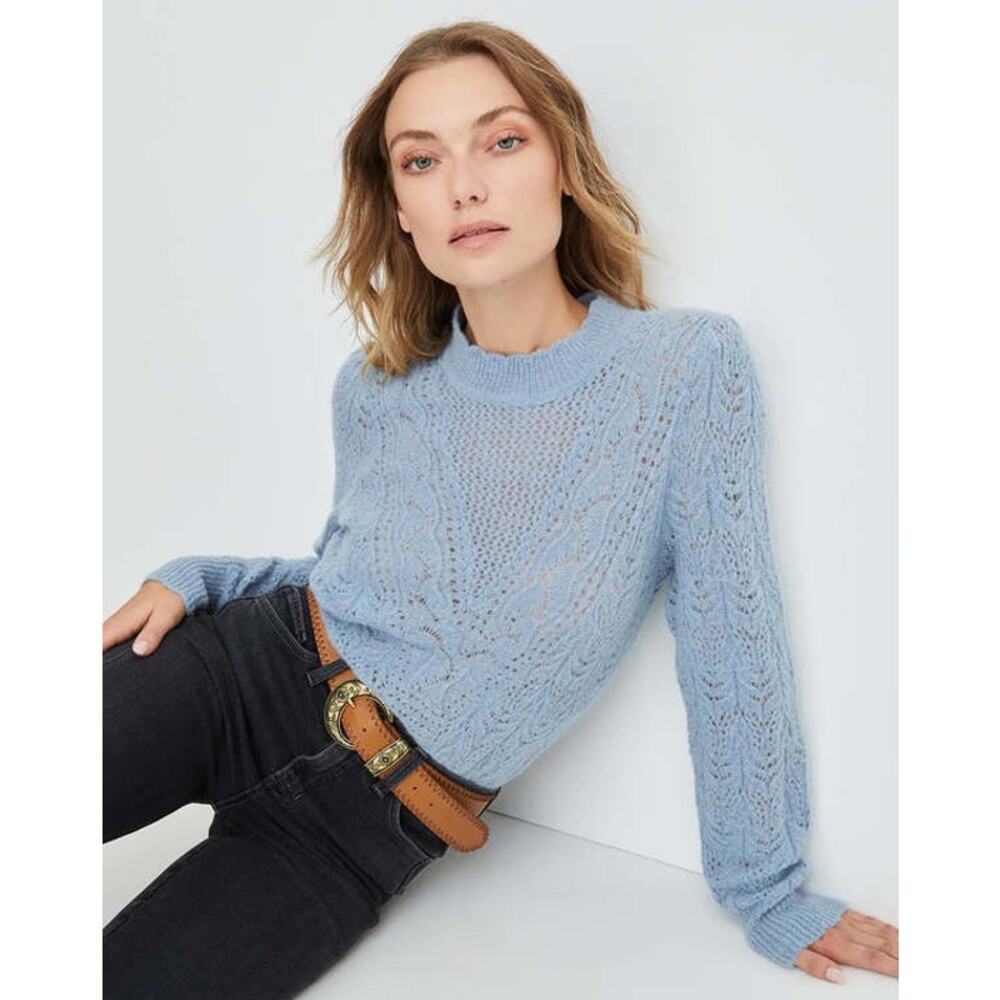 Veronica Beard Baby Alpaca Sweater L Pointelle Mock Neck Dusty Blue Knit Cozy